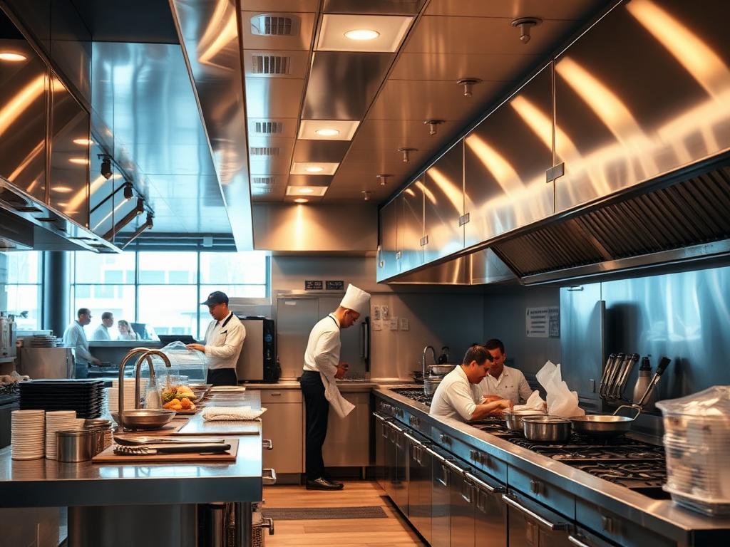Stainless steel commercial kitchen with chefs preparing food