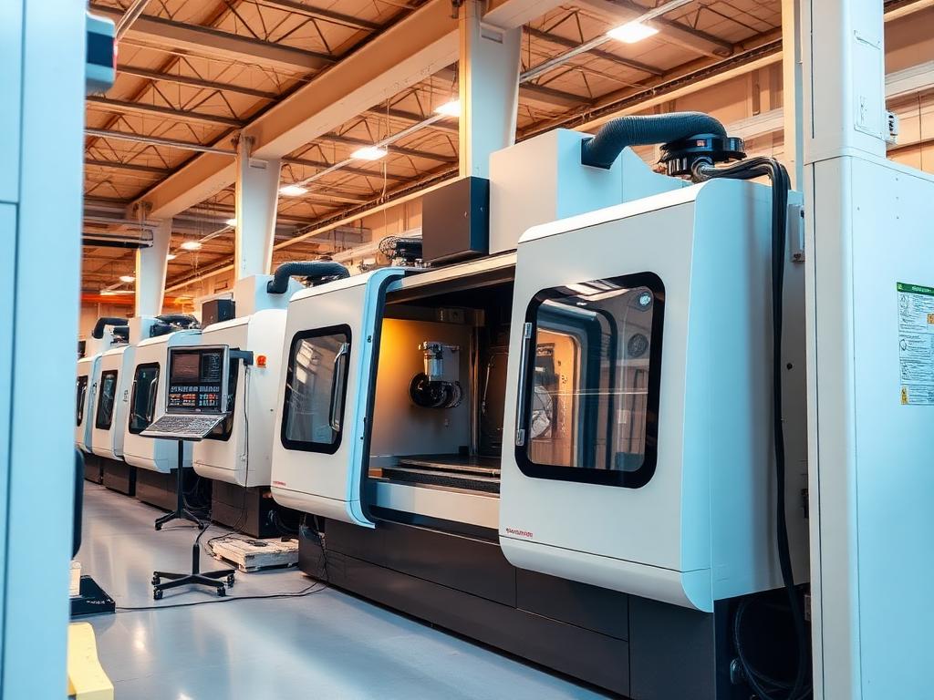 Modern CNC manufacturing machines inside a clean industrial factory