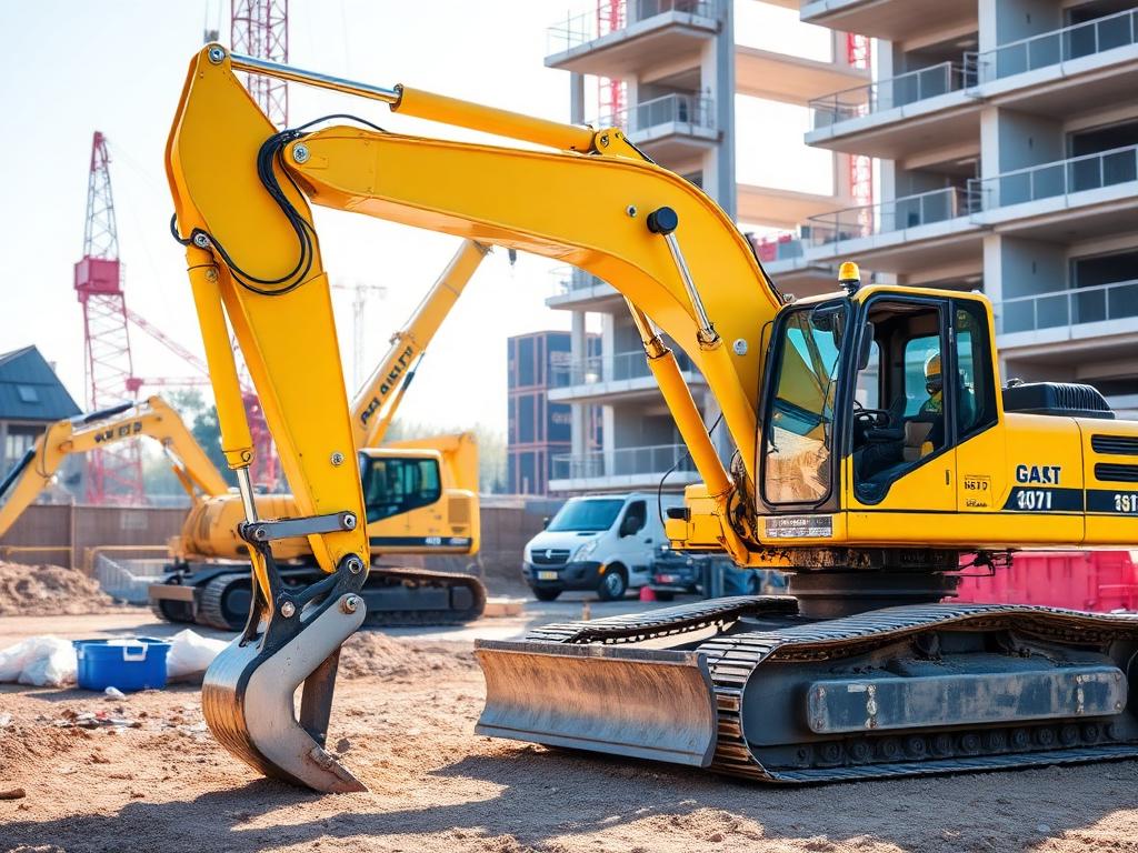 Yellow excavator and construction plant machinery on a UK building site