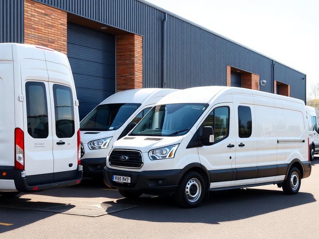 Fleet of white commercial vans parked outside a UK business unit