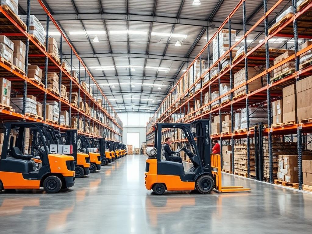 Warehouse interior with forklift trucks, racking and pallets of stock